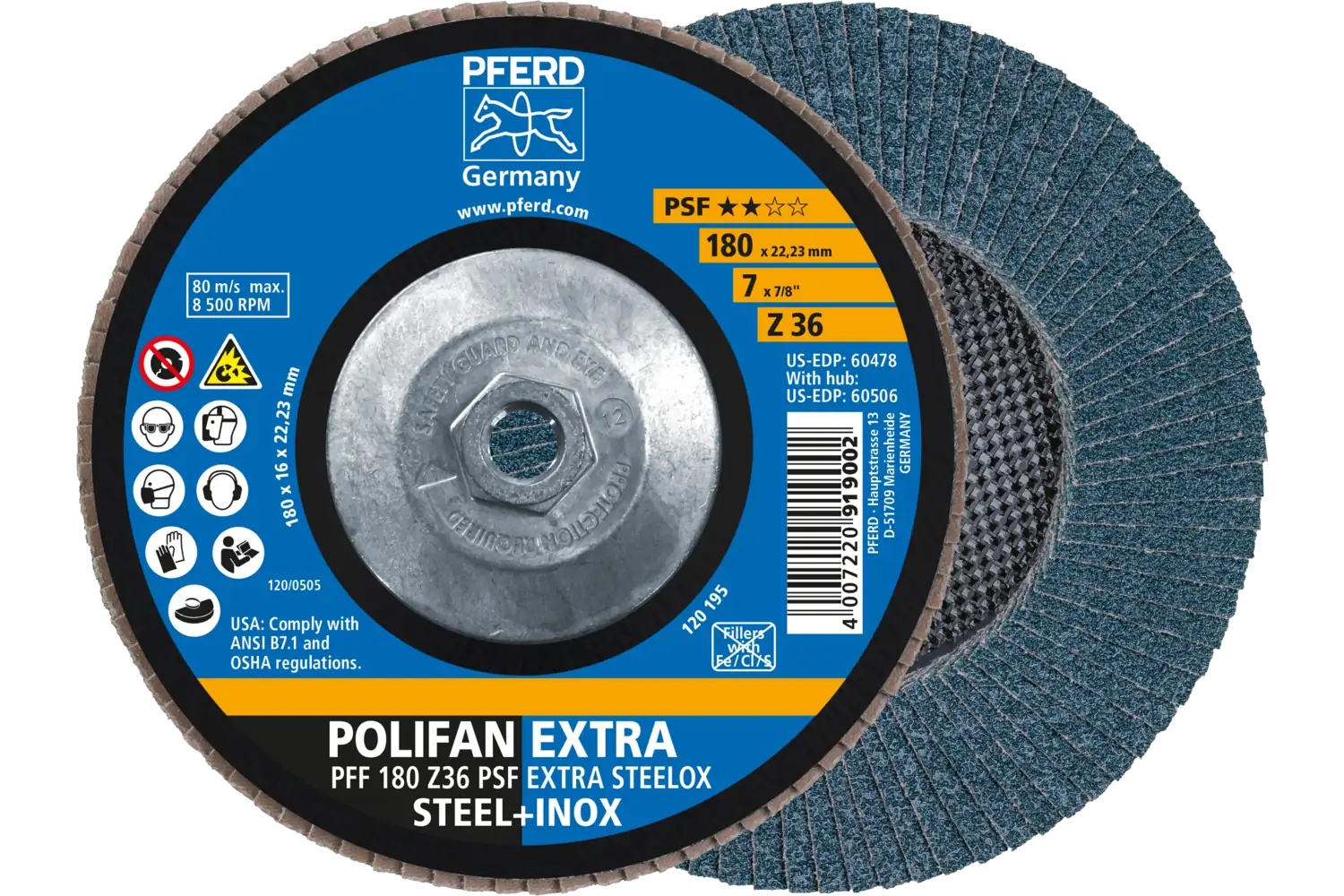 Picture of Pferd Flap Disc, 7" x 5/8-11, Z PSF Extra Steelox, 36 Grit, T27, Flat, Zirconia